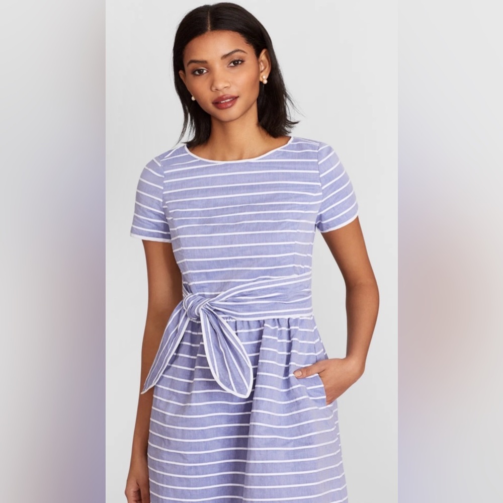 Brooks Brothers Striped Cotton Dobby Dress Size 4 Blue White Tie Waist Pockets - Picture 2 of 7